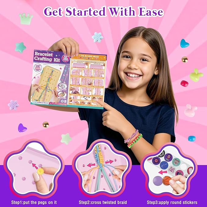 Friendship Bracelet Making Kit with Storage Box,DIY String Bracelet Arts and Craft for Girls Aged 8-12,Kids' Travel Activity Toy Set,Easter Birthday Gifts for Ages 6 7 8 9 10 11 12 Year Old Rose