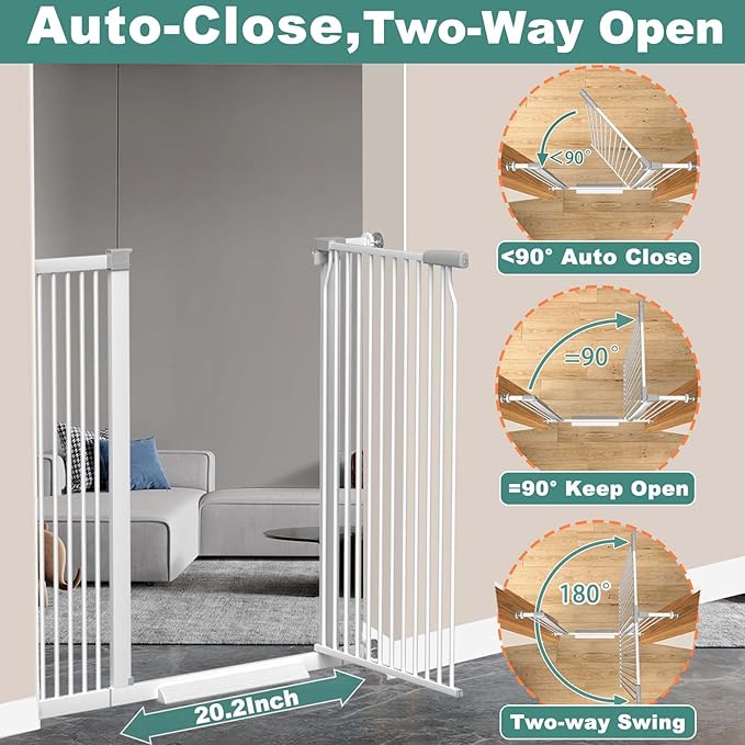 40.5" Extra Tall Baby Gate No Drill, 49.2"-54.7" Extra Wide Dog Gate Indoor, Pressure Mounted Safety Child Gate, Auto Close Pet Gate for Stairs Doorways Walk Through, White