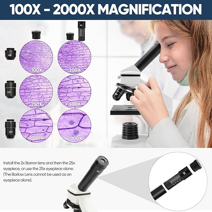 Microscope for Adults Kids, Dcorn 100X-2000X Powerful Biological Microscopes for School, Home, and Lab Use, Includes Microscope Slides Set and Phone Adapter.