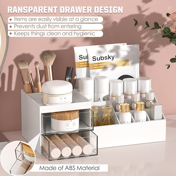 Subsky Makeup Organizer with Drawers, Easy Storage for Beauty Products Brushes, Multifunction Plastic Desk Organizer, Cosmetics Organizer for Countertop Dresser Vanity and Bathroom (White)