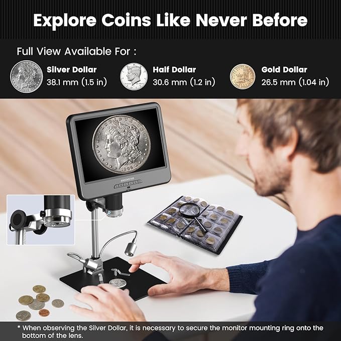 Andonstar AD210 10.1 Inch LCD Digital Microscope for Adults, Soldering Microscope for Electronics Repair, Coin Microscope Camera Full View for Error Coins with Light, Biological Slides Kit, 32G Card