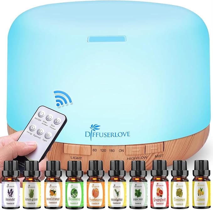 Diffuserlove Diffuser Essential Oil Diffusers 500ML Remote Control Aroma Diffuser Cool Mist Aromatherapy Diffuser with Mute Design, Timer and Auto Shut-Off for Office Living Room Yellow