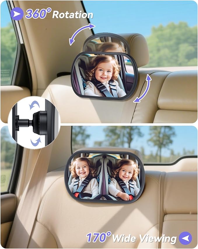 Baby Car Mirror for Backseat - Rear Facing Car Seat Mirror Safety for Infant Newborn - Easily Observe the Baby Move,Clear Wide View,360°Rotation, Secure, Shatterproof - Black