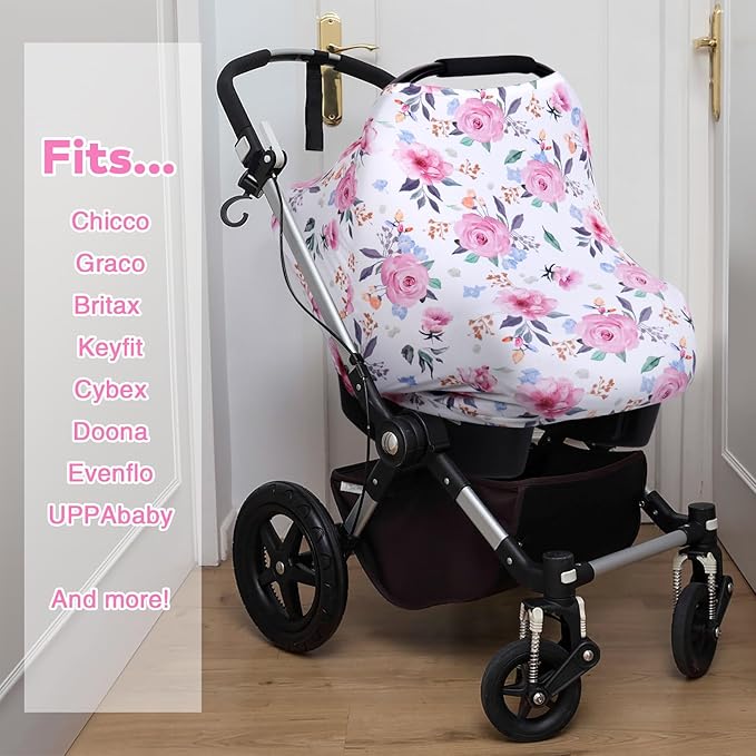 Rquite All-in-1 Car Seat Cover Baby, Carseat Covers for Girl Boy, Stretchy Soft Infant Car Seat Cover, Multi-use Baby Carrier Cover, Car Seat Canopy, Stroller Sun Shade, Nursing Breastfeeding Cover