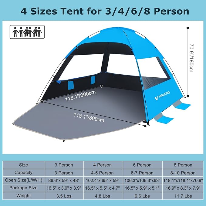 Venustas Beach Tent Sun Shelter for 3/4-5/6-7/8-10 Person, UPF 50+ UV Protection Beach Canopy, Lightweight and Easy Setup Cabana, Portable Shade Tent