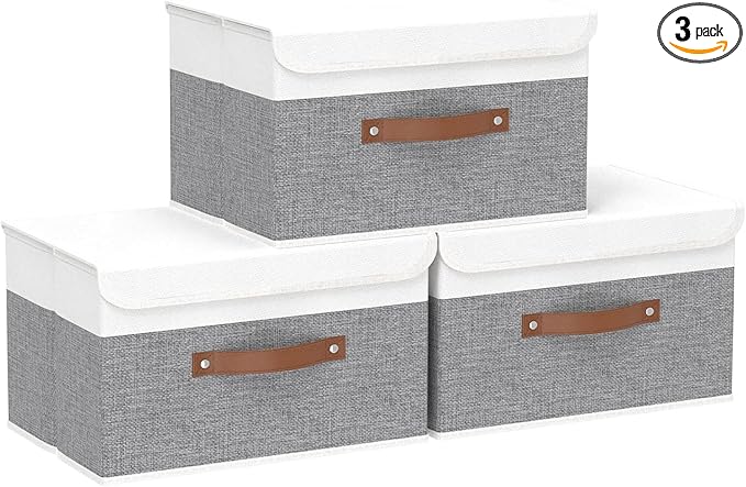 Yawinhe Collapsible Storage Bin, Cube Organizer Basket, Fabric Box with Lids, Washable and Leather Handle, for Home, Closet, White/Grey, 13.0''Lx9.0''Wx7.9''H, 3-Pack, SNK024WGS-3