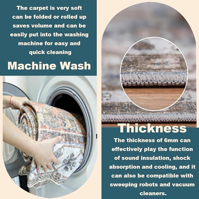 3'x5' Vintage Washable Thin Green Area Rug Tangerine Traditional Floor Cover Foldable Indoor Distressed Non Slip Carpet Floral Print Mat Bedroom Living Room Bathroom