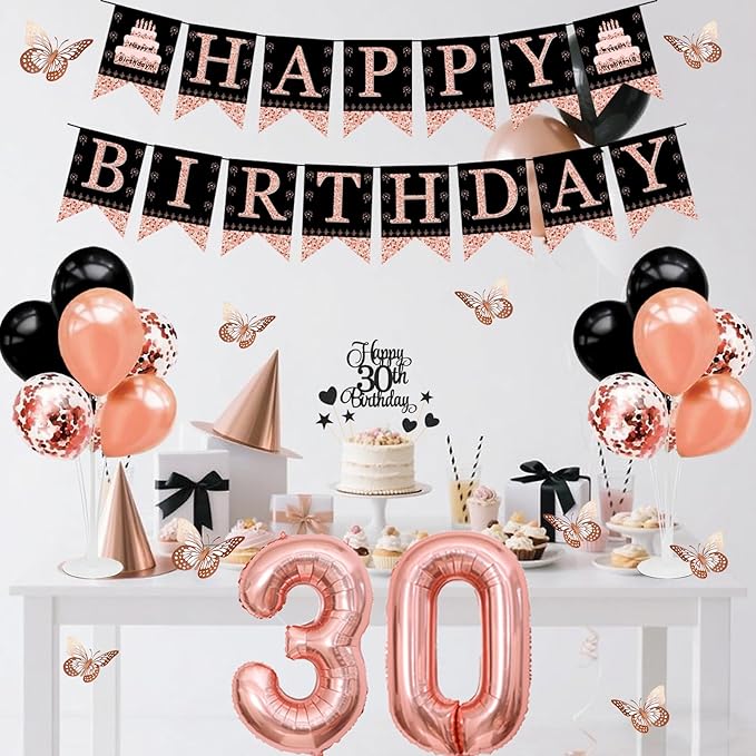 30th Birthday Decorations for Women - 56pcs Rose Gold Happy 30th Banner, 30th Birthday Crown Sash, Cake Topper, Number 30 balloons, 3D Butterflies, 4 Balloon Stands kits