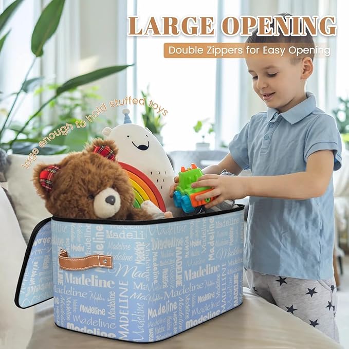 Custom Storage Basket with Name, Personalized Storage Bins with Zipper Lid, Foldable Fabric Storage Box Large capacity with Handle White Blue