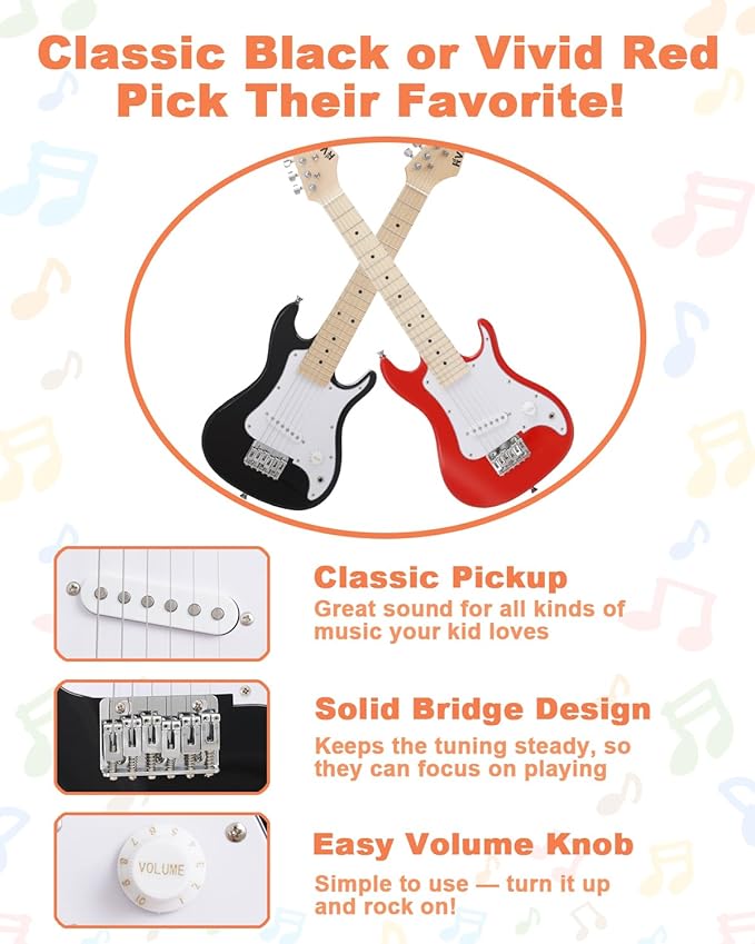 30 Inch Kids Electric Guitar Kit Beginner Complete Bundle with Smooth Fingerboard, Lightweight Design for Child, 5W Practice Amp, Gig Bag, Tuner, Strap, Cable, Picks, Extra Strings, RST-70 Black