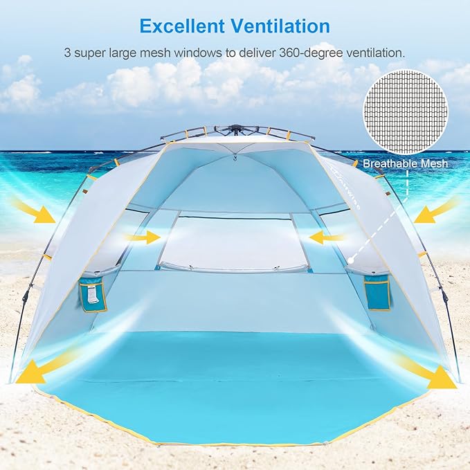 WolfWise 6-7 Person Easy Up Beach Tent UPF 50+ Portable Instant Sun Shelter Canopy Umbrella with Extended Zippered Porch, Blue