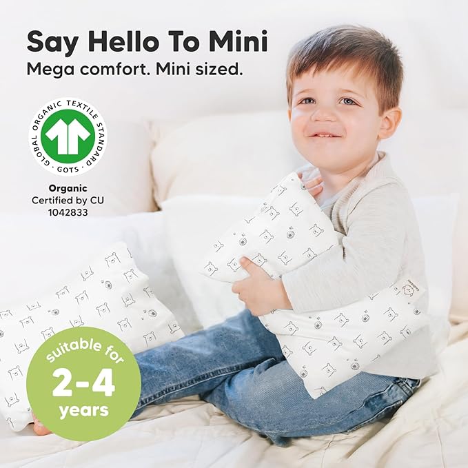 Mini Toddler Pillow with Pillowcase - 9x13 My Little Dreamy Travel Kids Pillow for Sleeping, Toddler Bed, Small, Tiny, Organic Cotton Pillowcase, Soft & Breathable, Kids 2-4 Years Old(Bumble Bear)