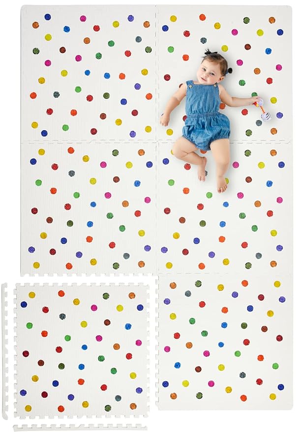 Yay Mats Stylish Extra Large Baby Play Mat. Soft, Thick, Non-Toxic Foam Covers 6 ft x 4 ft. Expandable Tiles with Edges Infants and Kids Playmat Tummy Time Mat (Cassia Polka Dot)