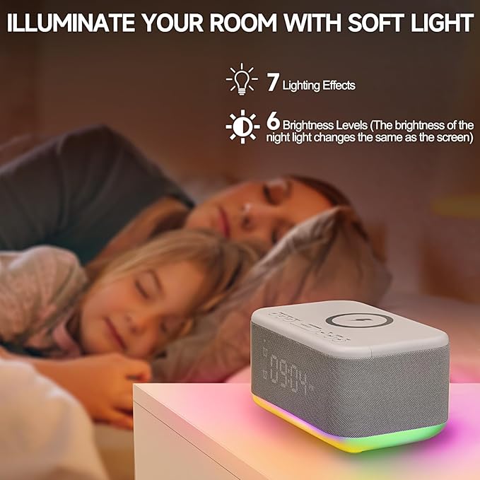 Alarm Clock Speaker Wireless Charger, Digital Alarm Clocks Bedrooms Bluetooth, Alarm Clock Dimmable Light Bedrooms Dual Alarm Snooze Dimmer 12 24H RGB Night Light Bluetooth USB AUX, Gray