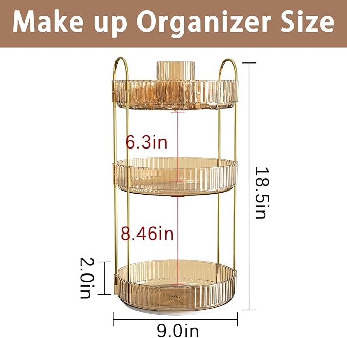 Rotating Makeup Organizer for Vanity, High-Capacity Skincare Clear Make Up Storage Perfume Organizers Cosmetic Dresser Organizer Countertop 360 Spinning (Gold, New-3 Tier)