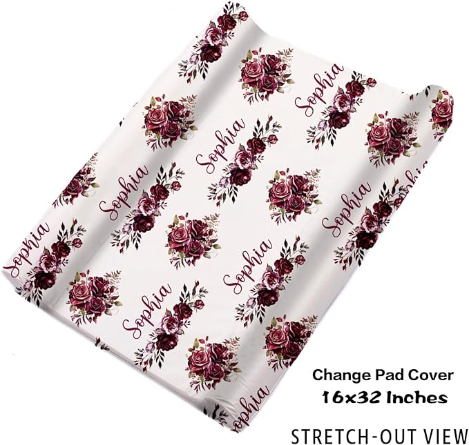 Personalized Baby Crib Bedding Set for Baby Girls, Rose Animal Pattern Custom Name 5-Pcs, Toddler Double Layer Blanket Fitted Sheets Changing Pad Cover Rug Wall Art Set