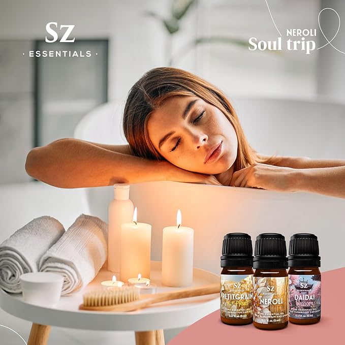 Neroli Soul Trip Essential Oils Collection- Neroli + Petitgrain Sur Fleurs + Dai Dai Blossom -Set of 3 Bottles (0.17 Fl Oz- 5ml each)- 100% Pure & Undiluted - Therapeutic Grade & Vegan