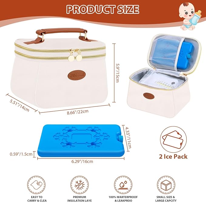 PIIOSER Breast Milk Cooler Bag with 2 Ice Pack, Fit 6 Freeze Breastmilk Storage Bags Up to 8Oz, Insulated Baby Bottles Tote Bag for Daycare and Breastfeeding Mom, Black(Cream-XS)