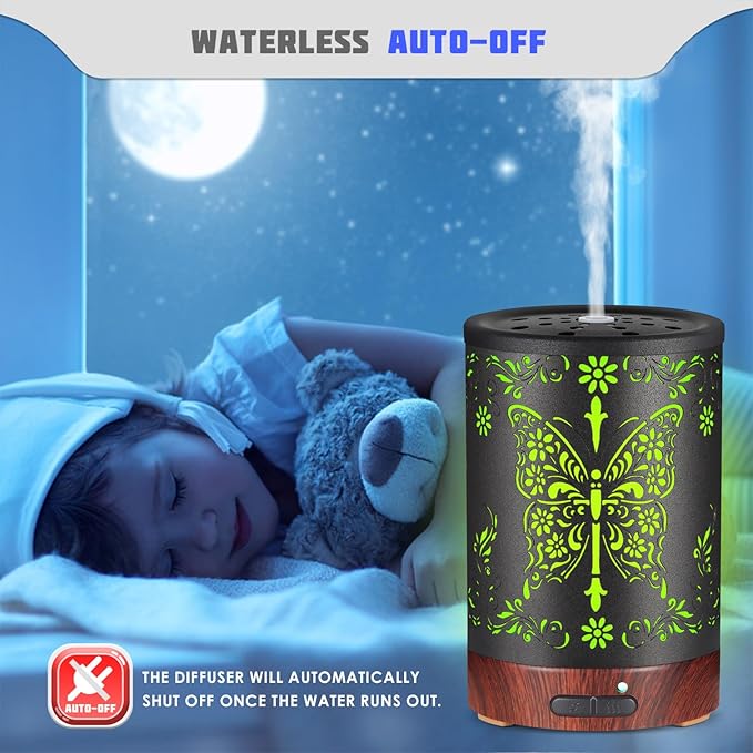 Metal Essential Oils Diffuser 150ML for Women Mom Grandma Wife, Aromatherapy Diffuser Cool Mist Humidifier with 7 Colors Lights Waterless Auto Off Air Diffusers(Butterfly)