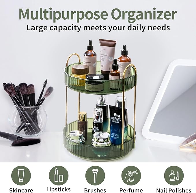 360 Rotating Makeup Organizer for Vanity,2 Tier Large Capacity Skincare Organizers,Bathroom Counter Organizer, Spinning Perfume Organizer & Vanity Organizer (Green-2 Tier)
