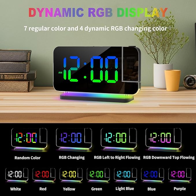 Projection Alarm Clock for Bedroom Ceiling,RGB Digital Clocks Radio with 10 Colors RGB Night Light,Loud Alarm Clock for Heavy Sleepers,USB C Charger Port,Snooze,12/24H,Auto Dimming
