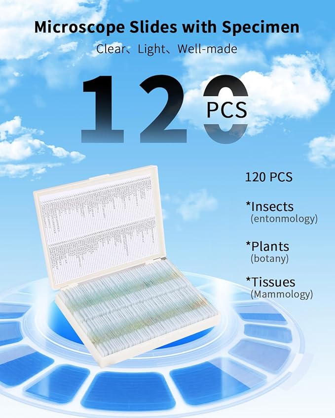 120-Pcs Microscope Slides with Specimens,Pre-Made Glass Slides with Specimens,Educational Microscope Slides and Covers for Young Scientists,Perfect for Biology Class and Experiments