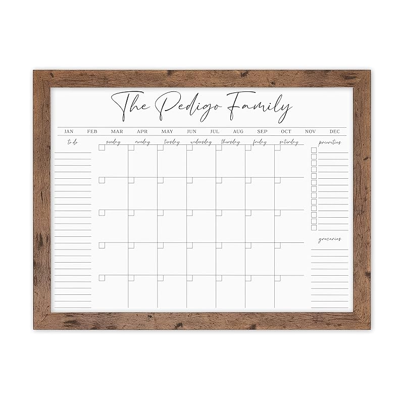 Personalized Dry Erase Wall Calendar with Custom To do list and Notes Organization Sections | Large Whiteboard Calendar (24" W x 18" H, Walnut Frame)