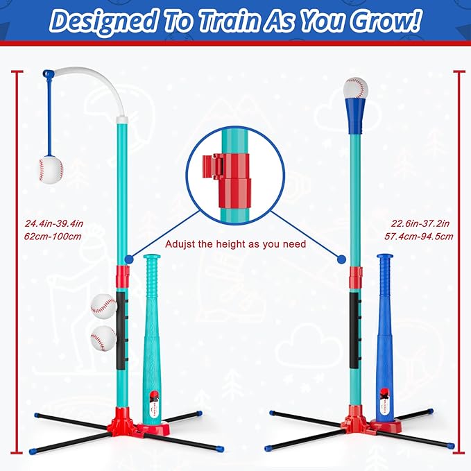 3-in-1 Baseball Set for Kids: Hanging Batting Tee + T Ball Stand Set Auto Ball Launcher for Toddlers & Youth Adjustable Height with 6 Balls 2 Bats Outdoor&Indoor Toys Sports Gifts for 3-12 Years Old