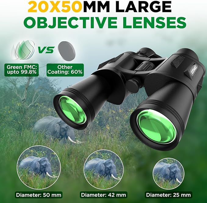 Binoculars with Smart Phone Bracket Adapter, Militar, 20x50, Adults, Bird Watching, High Power Waterproof with Low Light Night Vision for Hunting, Travel, Games, Carrying Case Strap.