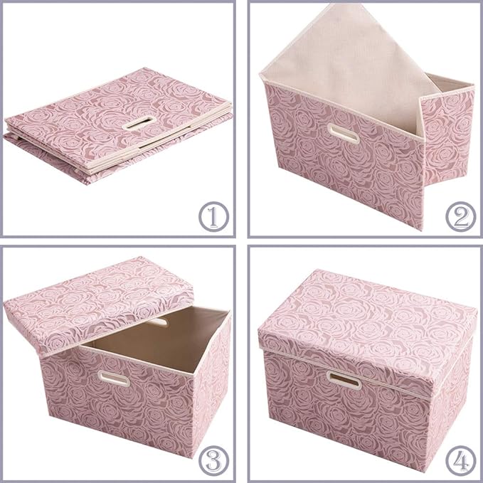 PRANDOM Collapsible Storage Boxes with Lids [5-Pack] Fabric Decorative Storage Bins Cubes Organizer Containers Baskets with Cover Handles Divider for Bedroom Closet Living Room Pink 14.9x9.8x9.8 Inch