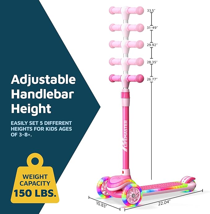 3-Wheel Kids Scooter with Multi-Color Lights on Deck & Wheels – 5-Height Adjustable Handlebar, Wide Anti-Slip Deck, Child Safety Certified, Boys & Girls Ages 3+ Supports Up to 150 lbs