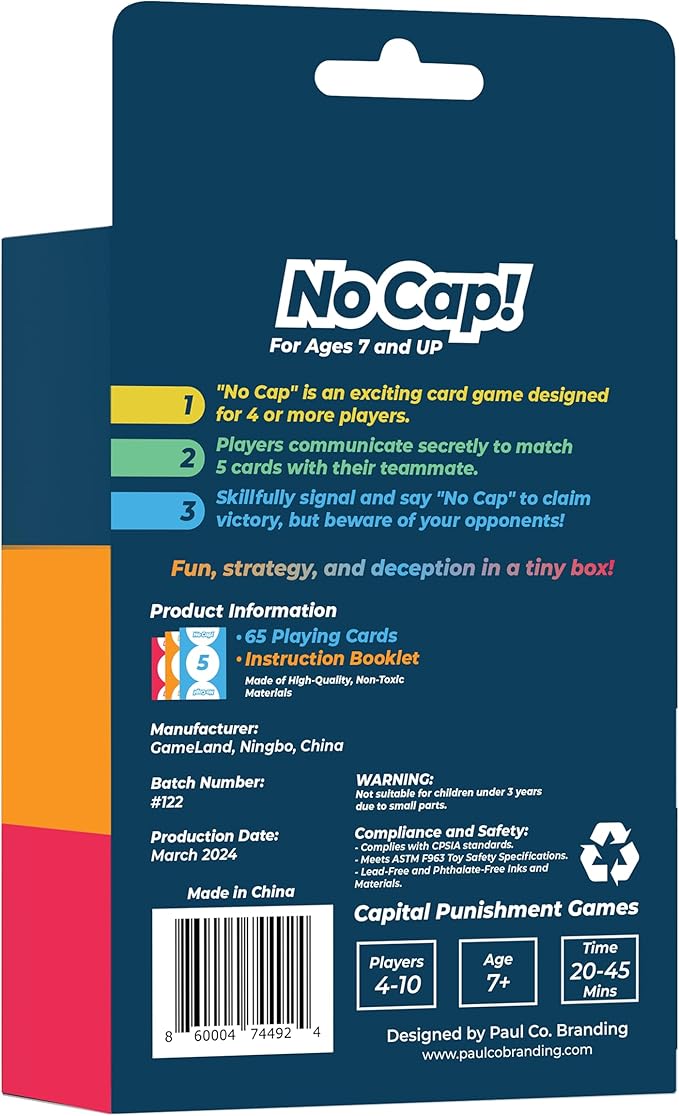 No Cap! – The Ultimate Game Night Card Game for Friends & Family, Perfect for Laughter-Filled Evenings, Includes 65 Cards, Easy Instructions, and Hours of Competitive Fun