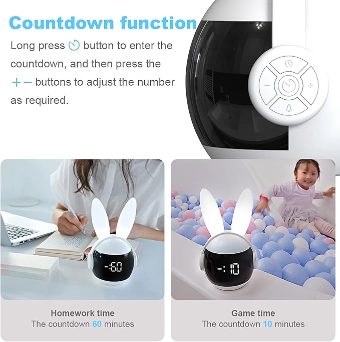 Kids Alarm Clock for Kids, Bunny Alarm Clocks for Girls Boys, White Kid Alarm Clock with Ringtones & Night Light Rechargeable Snoozing