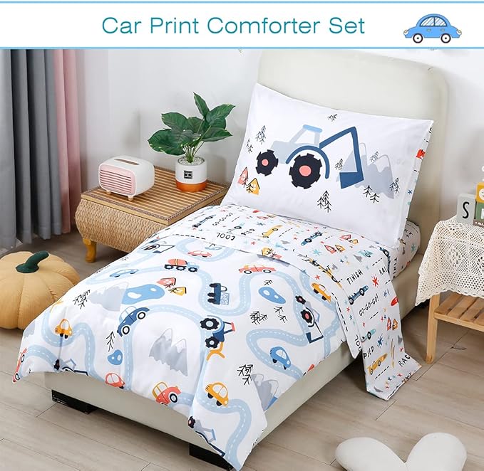 PERFEMET Car Toddler Bedding Kids 4 Pieces Bed in A Bag for Boys Vehicles Truck Toddler Girl Comforter Sets with Bed Sheets Modern Bedroom Collection, White