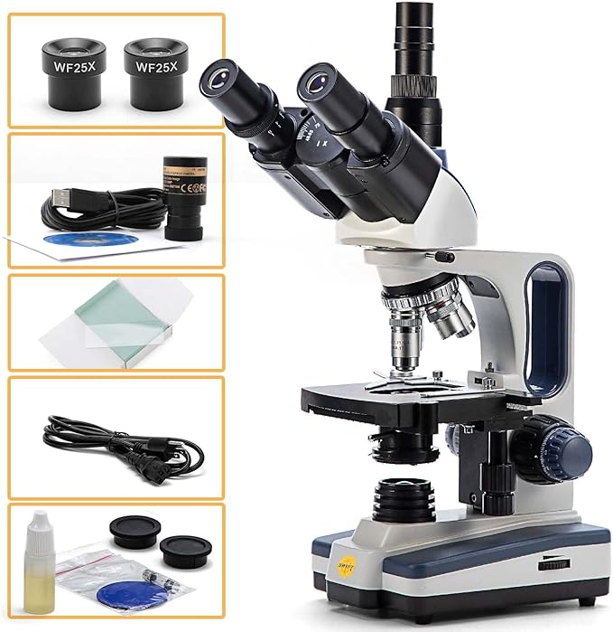SWIFT Trinocular Compound Microscope SW350T,40X-2500X Magnification,Siedentopf Head,Research-Grade,Two-Layer Mechanical Stage,1.3mp Camera and Software Windows and Mac Compatible