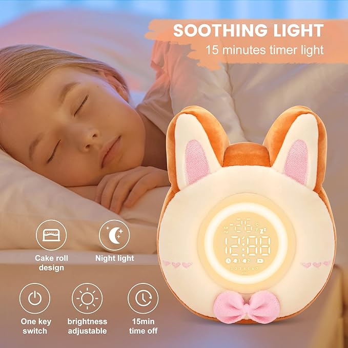 QANYI Bunny Night Light for Kids - Soft Plush Toy with Bunny Alarm Clock, Sleep Light for Bedroom, Gifting, Christmas, New Year