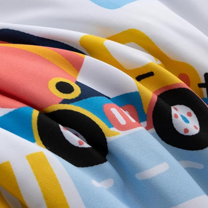 NTBED 4 Pieces Construction Toddler Bedding Set for Baby Boys, Truck Vehicles Excavator Cars Printed, Includes Comforter, Flat Sheet, Fitted Sheet and Pillowcase,Light Blue