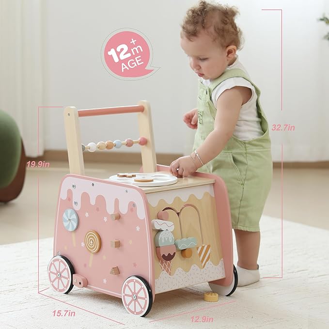 Wooden Baby Walker, Multifunctional Ice Cream Cart Activity Toy for Learning to Push Walk with Wheels, Pretend Playset Ideal for Toddlers, Boys and Girls Ages 18-36M