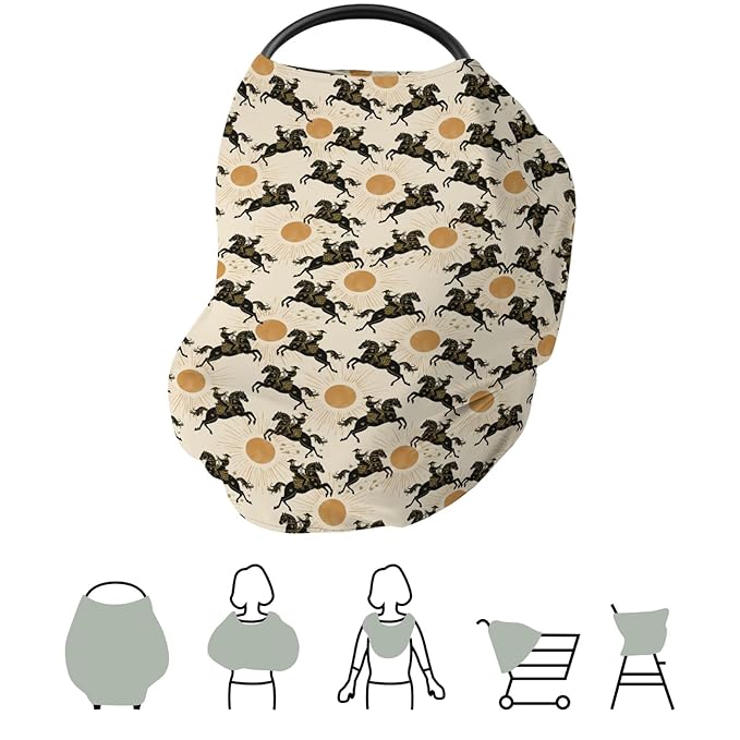 Western Cowboys Sunshine Baby Car Seat Covers Cowboy Horse Sun Stretchy 5-in-1 Cover Adjustable Car Canopy Breastfeeding Cover Wild West Desert Breathable Nursing Cover-Up