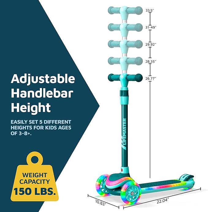 3-Wheel Kids Scooter with Multi-Color Lights on Deck & Wheels – 5-Height Adjustable Handlebar, Wide Anti-Slip Deck, Child Safety Certified, Boys & Girls Ages 3+ Supports Up to 150 lbs