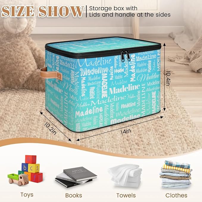 Custom Storage Basket with Name, Personalized Storage Bins with Zipper Lid, Foldable Fabric Storage Box Large capacity with Handle Blue Green Gradient