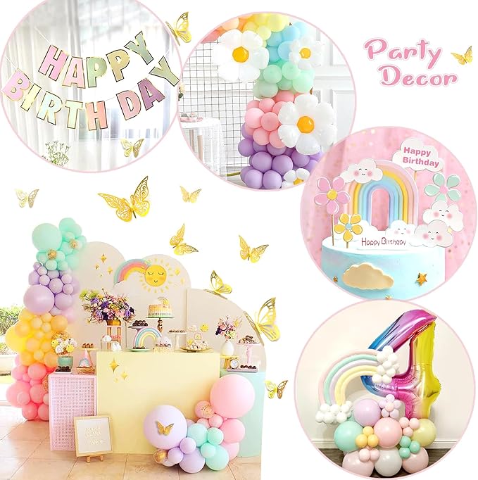 4th Birthday Decorations Girl Pastel, Slmeno 219Pcs Pastel Rainbow Balloon Arch Garland Kit, with Number 4 Balloons,Banner,Cake Toppers,12 3D Butterfly for 4 Year Old Girl Birthday Easter Party Decor