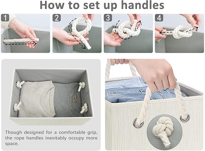 StorageWorks Large Storage Bins with Lids, Decorative Storage Boxes with Lid and Soft Rope Handles, Foldable Storage Baskets for Closet, Shelves, Stackable, Ivory and White, 3-Pack