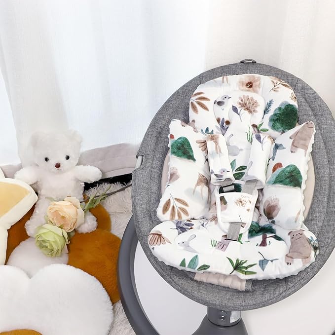 Infant Car Seat Insert and Strap Covers, Very Soft Car Seat Head Support Baby Girl Boy, Reversible Newborn Carseat Insert Cushion Fits for Stroller, Baby Swing, Bouncer (White Animals)