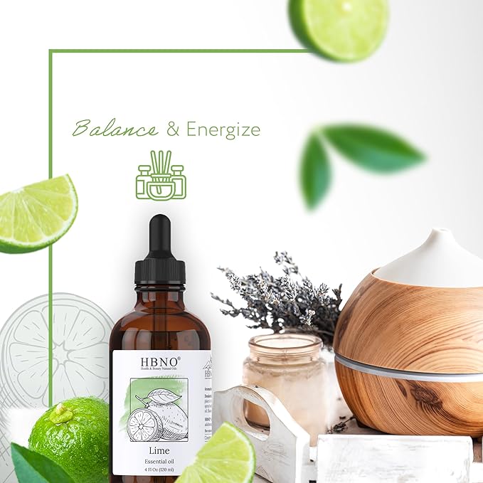 HBNO Lime Essential Oil - Huge 4 oz (120ml) Value Size - Natural Lime Oil, Cold Pressed - Perfect for Cleaning, Aromatherapy, DIY, Soap & Diffuser