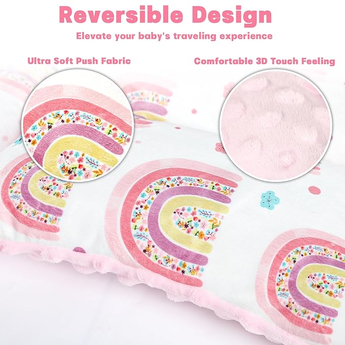 Infant Car Seat Insert with 3 Strap Covers, 3 in 1 Reversible Rainbow Baby Car Seat Head Support for Newborn, Baby Girl Newborn Essentials for Preemie to Infant, Stroller, Swing, Bouncer (Pink)