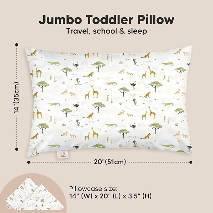 KeaBabies Toddler Pillow with Pillowcase, Jumbo 14X20 - Soft Organic Cotton Toddler Pillows for Sleeping - Machine Washable - Perfect for Travel, Toddler Bed Set (Grasslands)