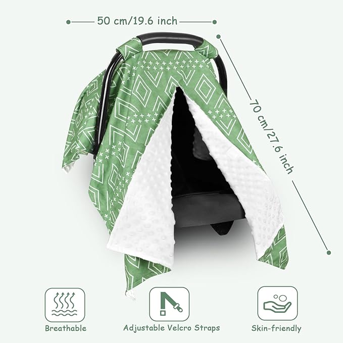 TANOFAR Baby Carseat Canopy, Peekaboo Opening Car Seat Canopy for Babies, Soft and Breathable Infant Carrier Canopy, Multi-use Baby Carrier, Stroller, Nursing Cover, Minky Blanket, Green