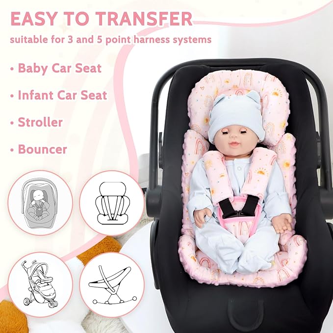Infant Car Seat Insert and Strap Covers, Very Soft Car Seat Head Support Baby Girl Boy, Reversible Newborn Carseat Insert Cushion Fits for Stroller, Baby Swing, Bouncer (Pink Rainbow)