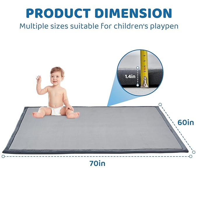 SUNYRISY Baby Play Mat for Floor, 1.4in Thick Memory Foam Padded Play Mats for Baby, Soft Velvet Infants Toddler Kids Play Mat Non-Slip Bottom, Crawling Baby Rugs for Nursery 60x70in
